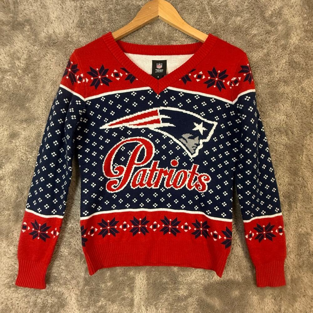 NFL NE Pats Patriots Football Red Blue Fair Isle Sweater S Small Christmas